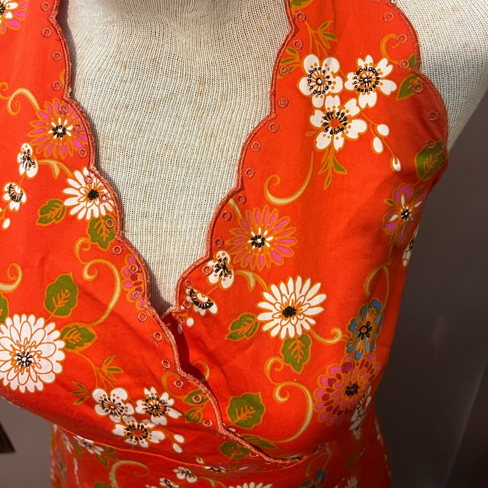 Y2K Spencer Jeremy Orange Floral Embroidered Halter Fit and Flare Dress Size 14 - Picture 3 of 10